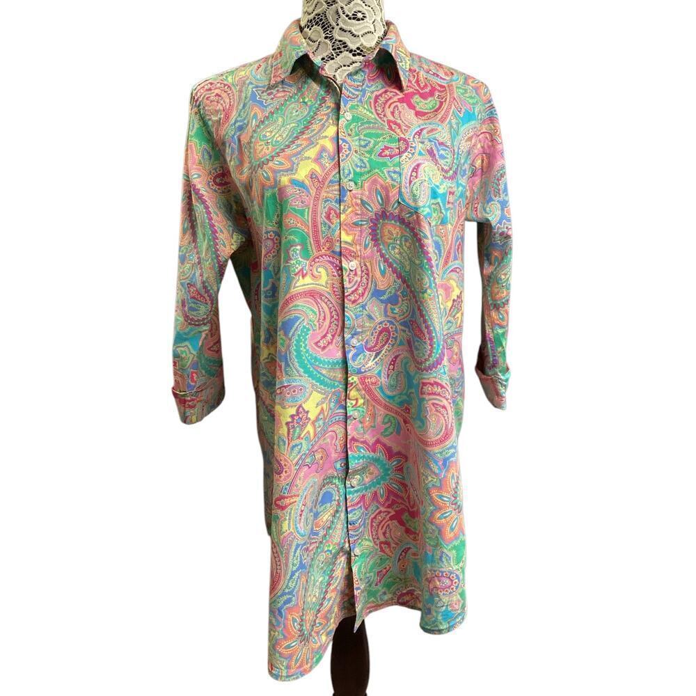 Lauren Ralph Lauren pastel paisley 3/4 sleeve shirt RLL logo pocket sz M